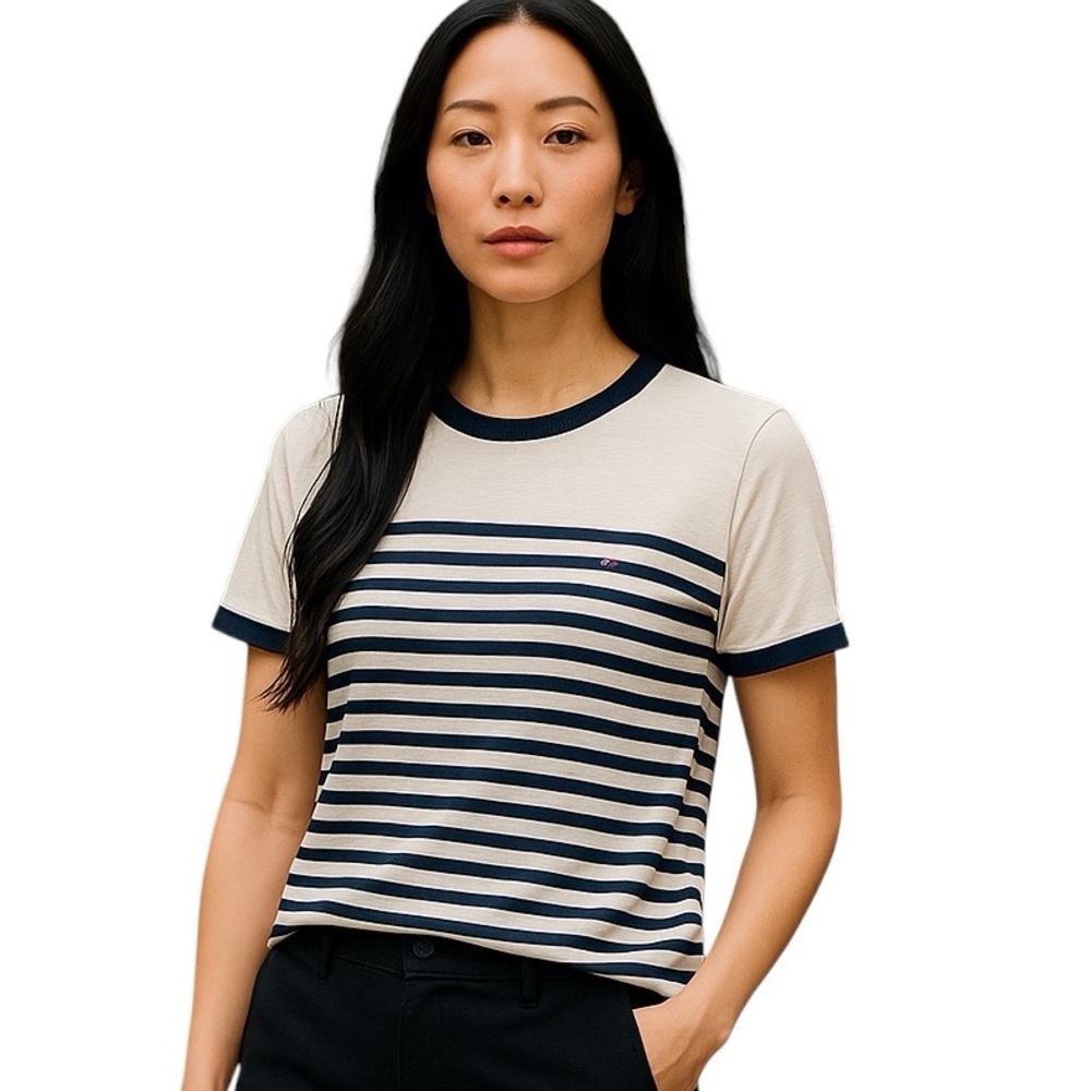 Tommy Hilfiger Women’s Knit Top Striped Black & Cream S/S Large Logo